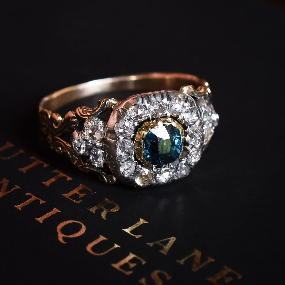 Georgian Sapphire & Diamond Cushion Cluster Ring