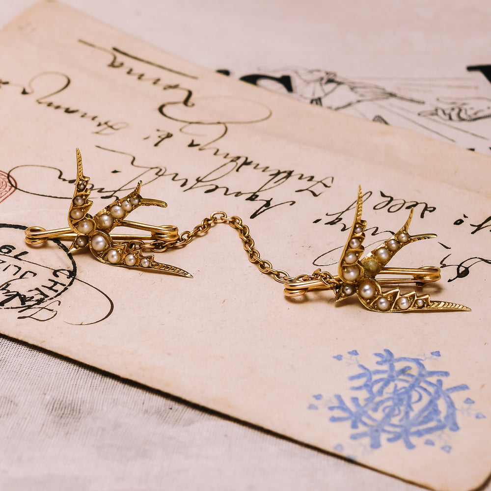 Victorian Pearl Double Swallows Brooch