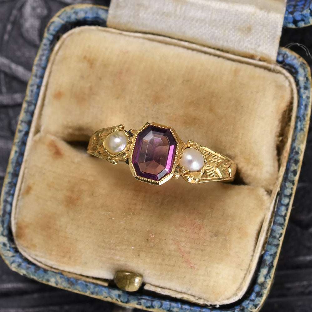Mid-Victorian Almandine Garnet & Pearl Three-Stone Ring