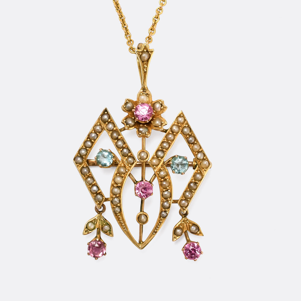 Antique Jugendstil Zircon & Pearl Lavalier Pendant