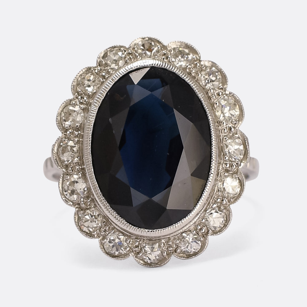 Art Deco 8.90ct Sapphire & Diamond Flower Cluster Ring