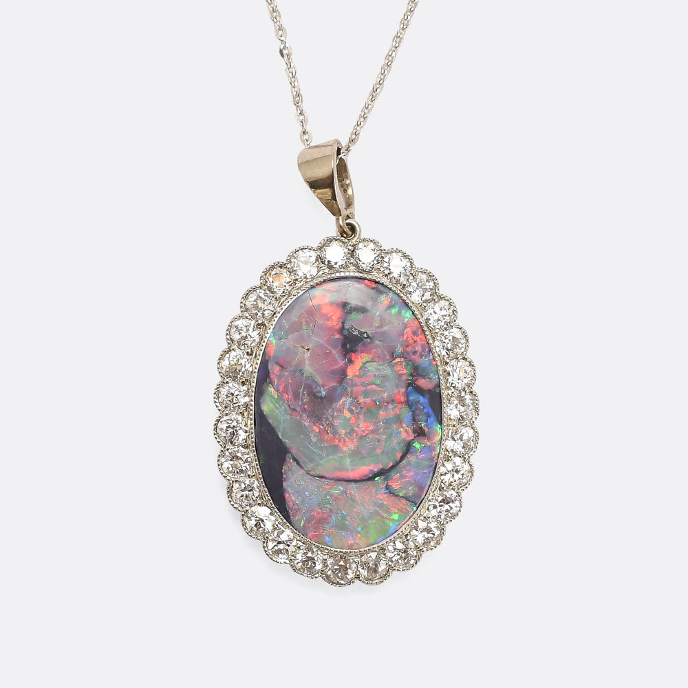 Art Deco Black Opal & Diamond Flower Cluster Pendant