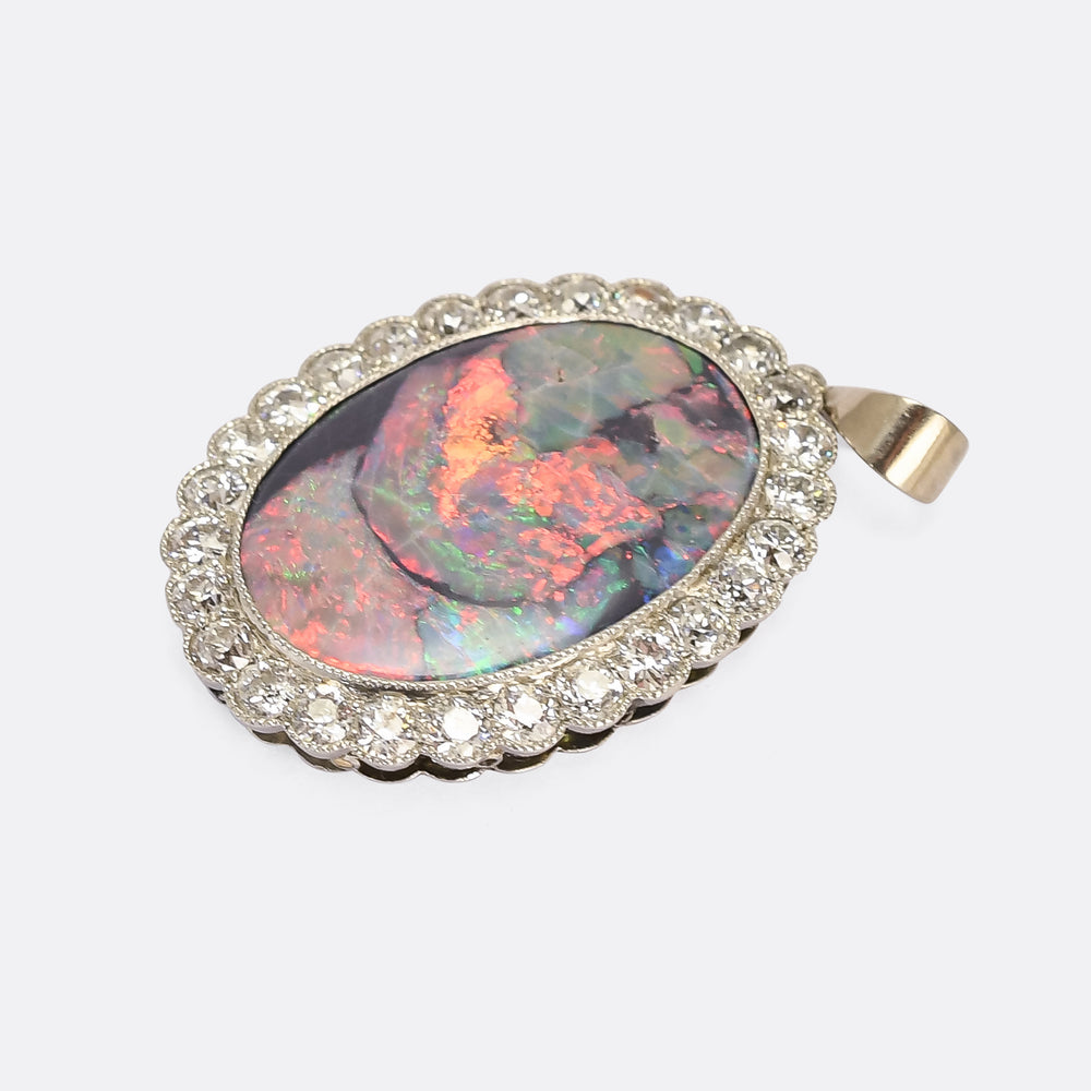 Art Deco Black Opal & Diamond Flower Cluster Pendant