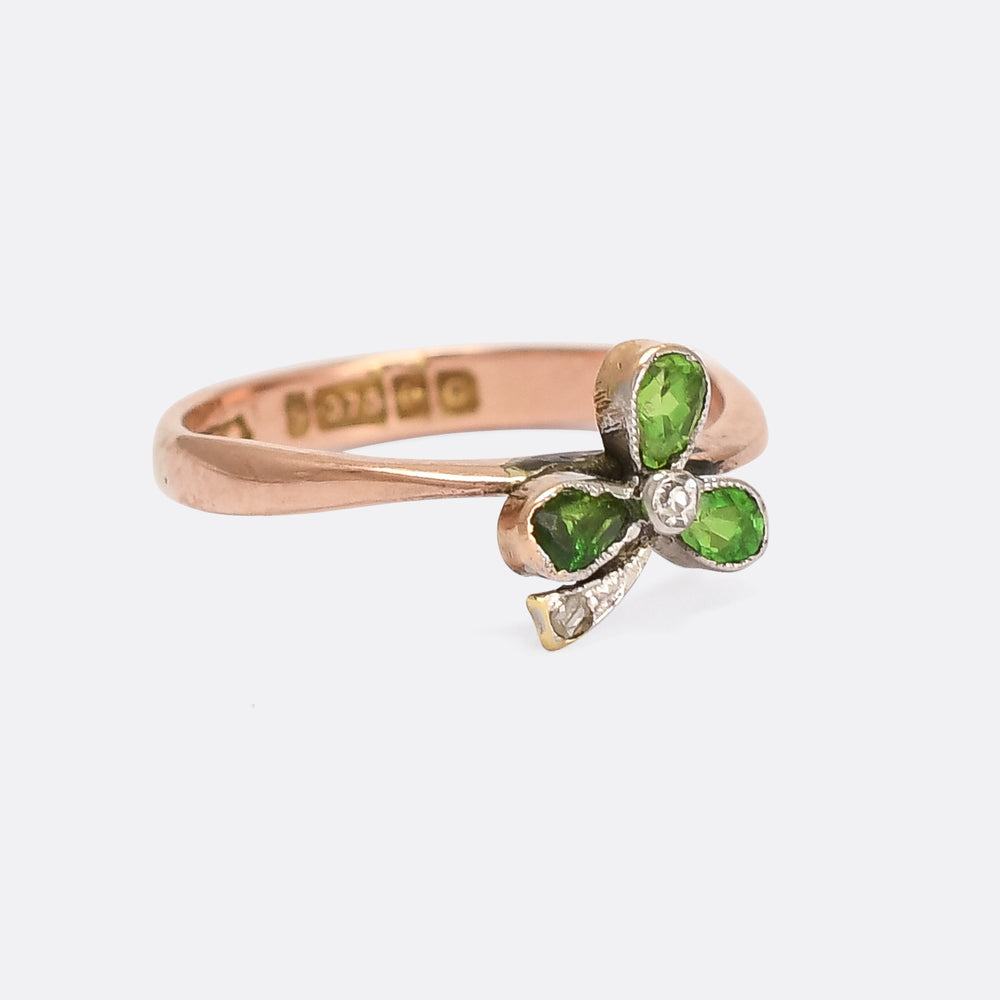 Art Deco Demantoid Garnet & Diamond Clover Ring