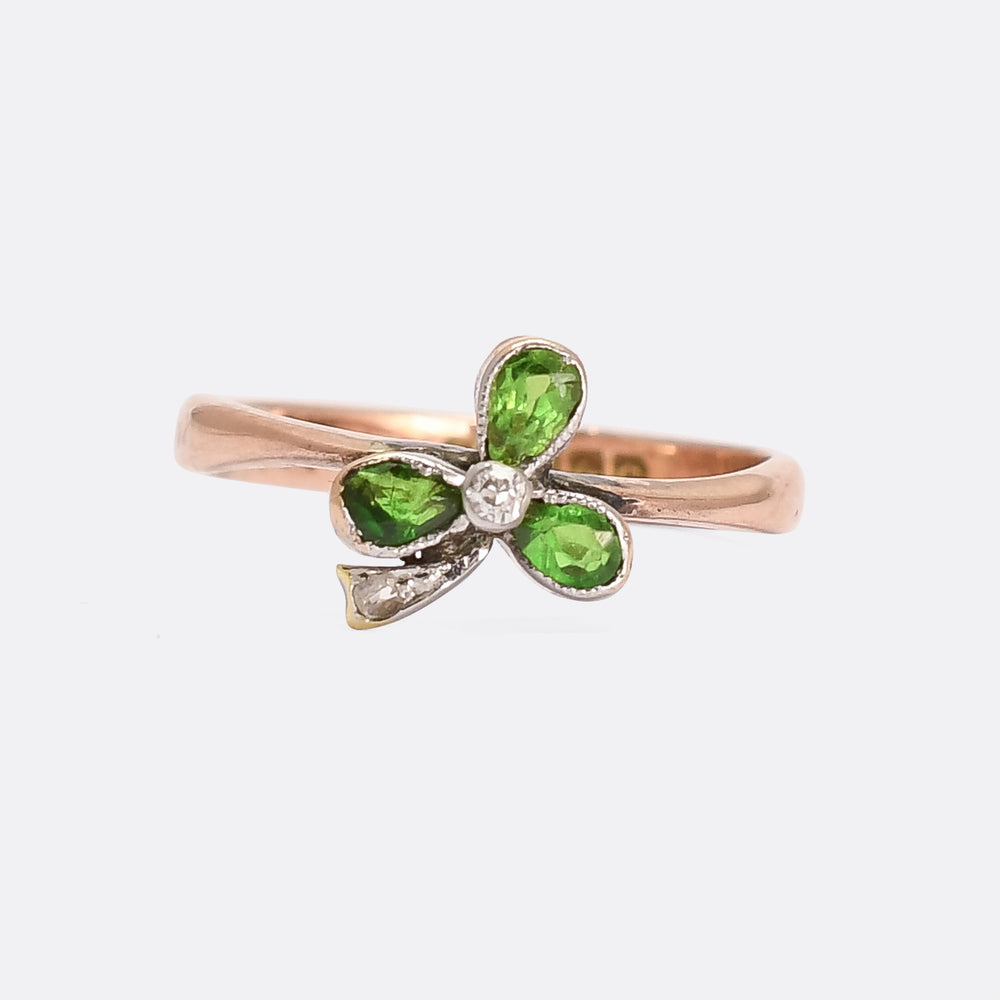 Art Deco Demantoid Garnet & Diamond Clover Ring