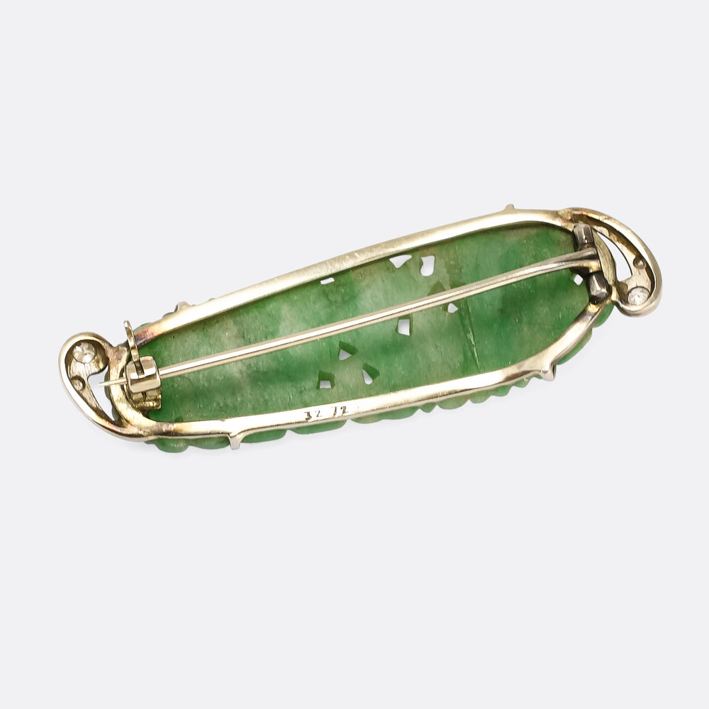 Art Deco Diamond & Carved Jade Opium Poppies Brooch