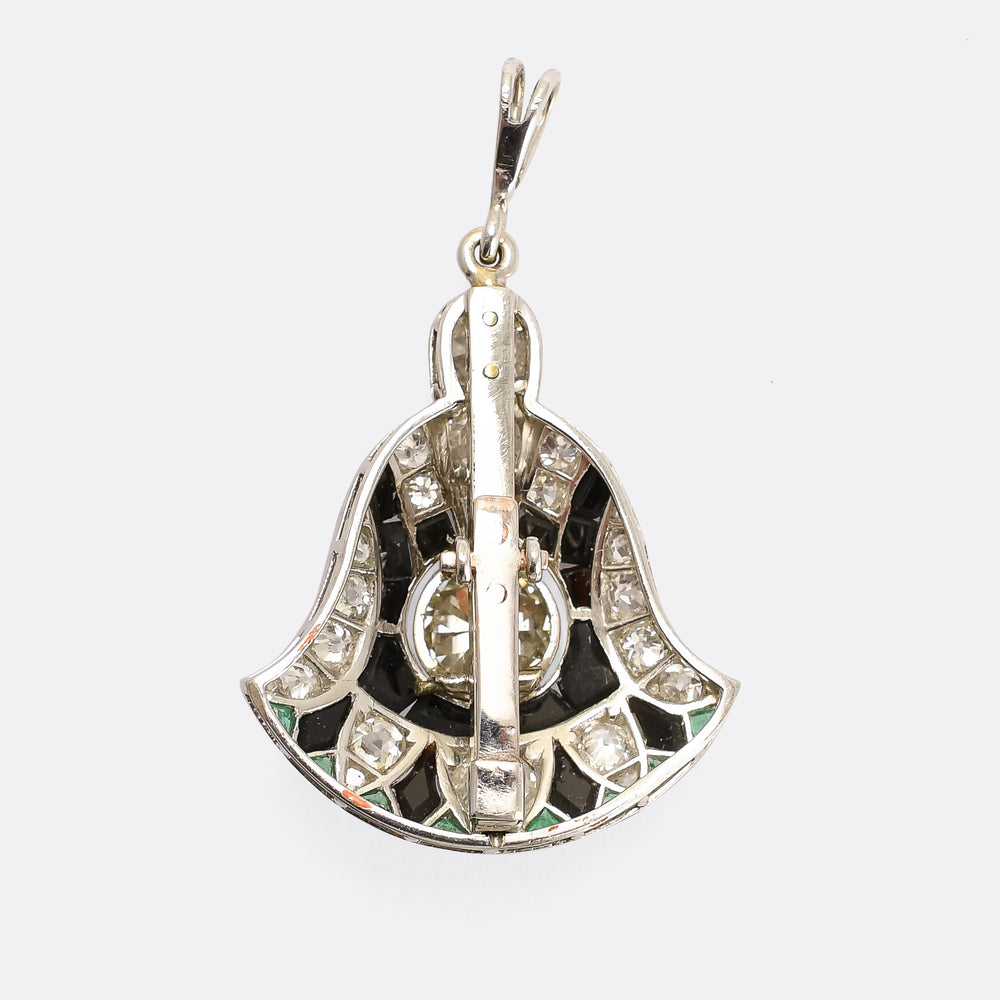 Art Deco Diamond, Onyx & Emerald Lotus Flower Pendant