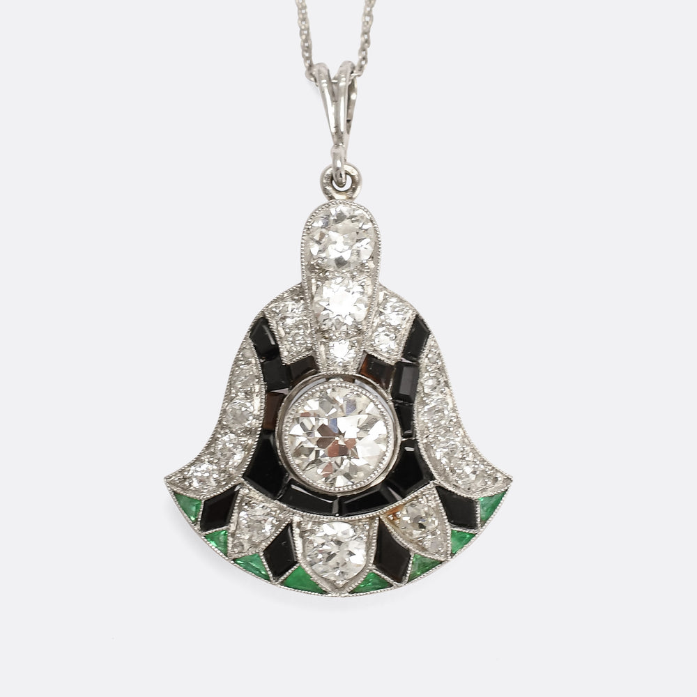 Art Deco Diamond, Onyx & Emerald Lotus Flower Pendant