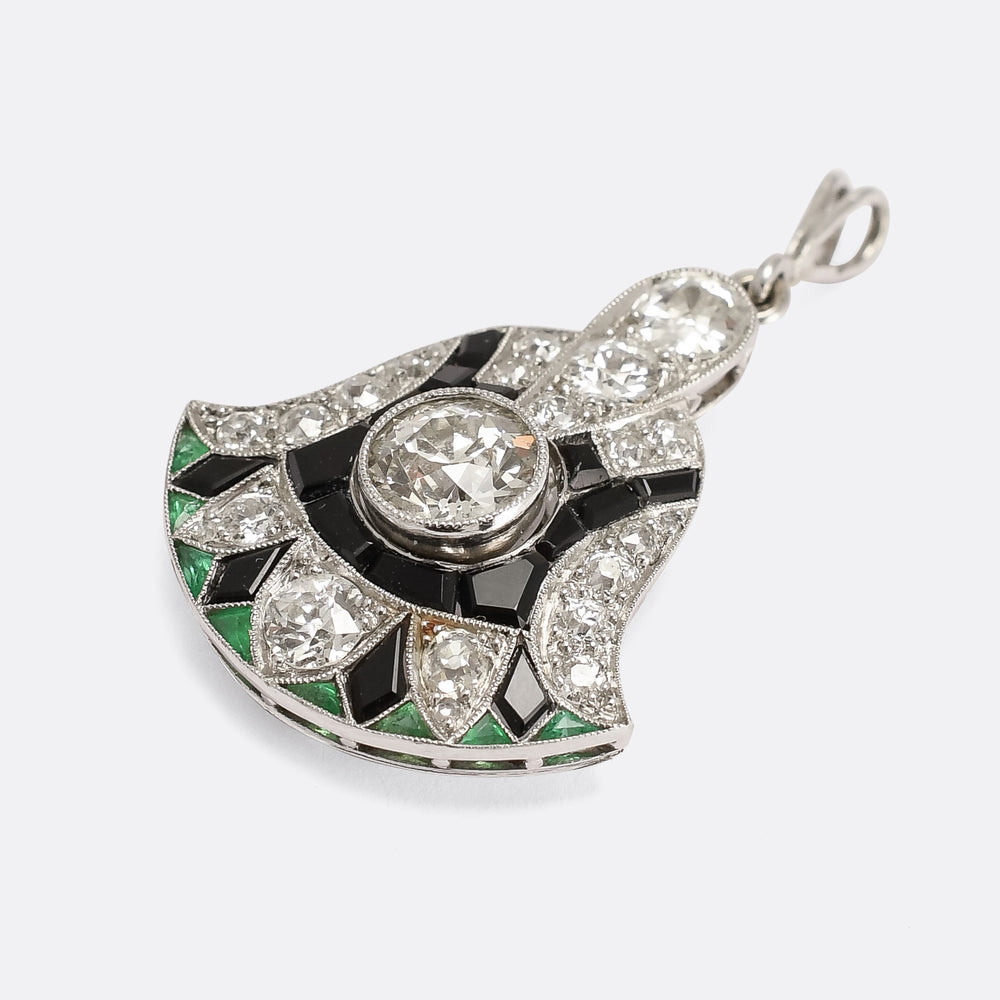 Art Deco Diamond, Onyx & Emerald Lotus Flower Pendant