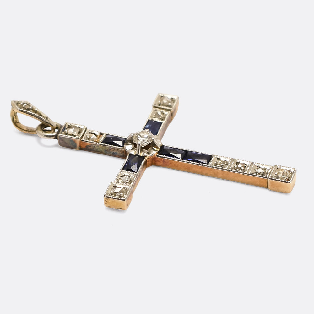 Art Deco Diamond & Sapphire Millegrain Cross Pendant