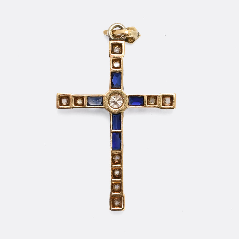 Art Deco Diamond & Sapphire Millegrain Cross Pendant
