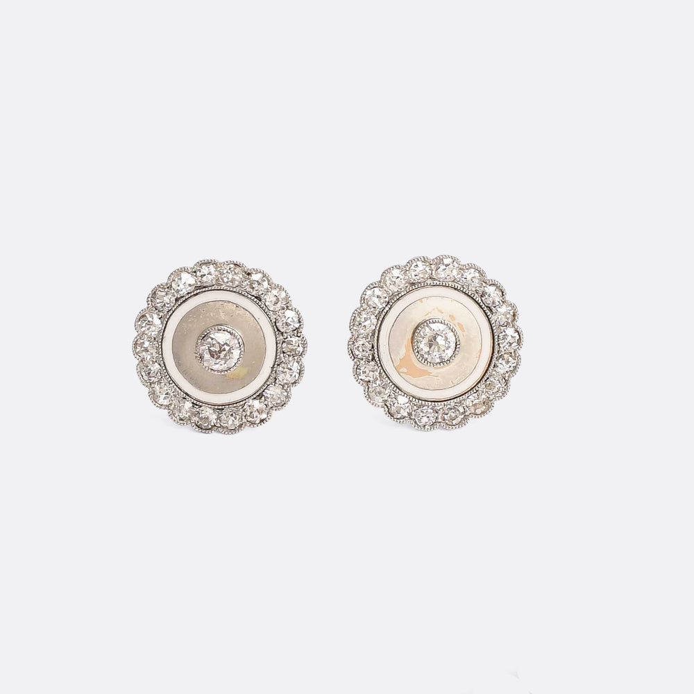 Art Deco Diamond & White Enamel Target Earrings