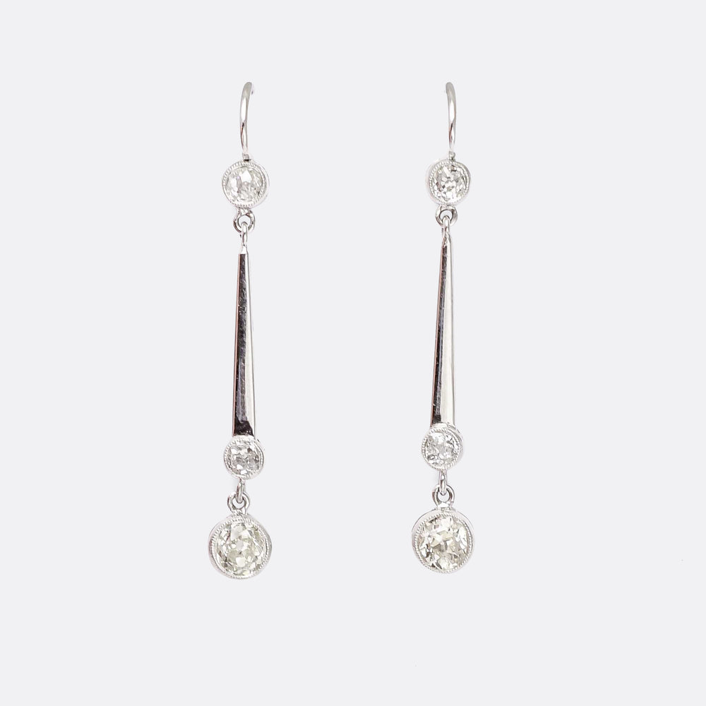 Art Deco Old Euro Diamond Bar Earrings