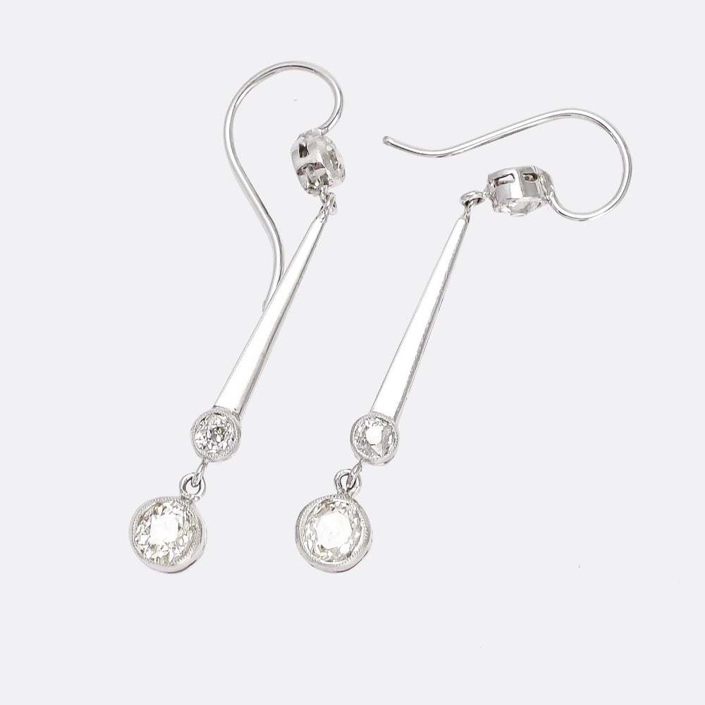 Art Deco Old Euro Diamond Bar Earrings