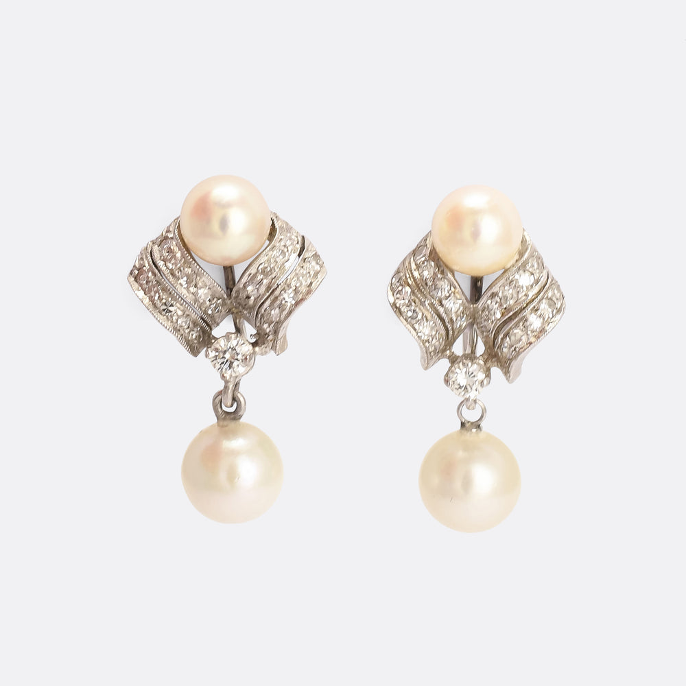Art Deco Pearl & Diamond Screwback Earrings
