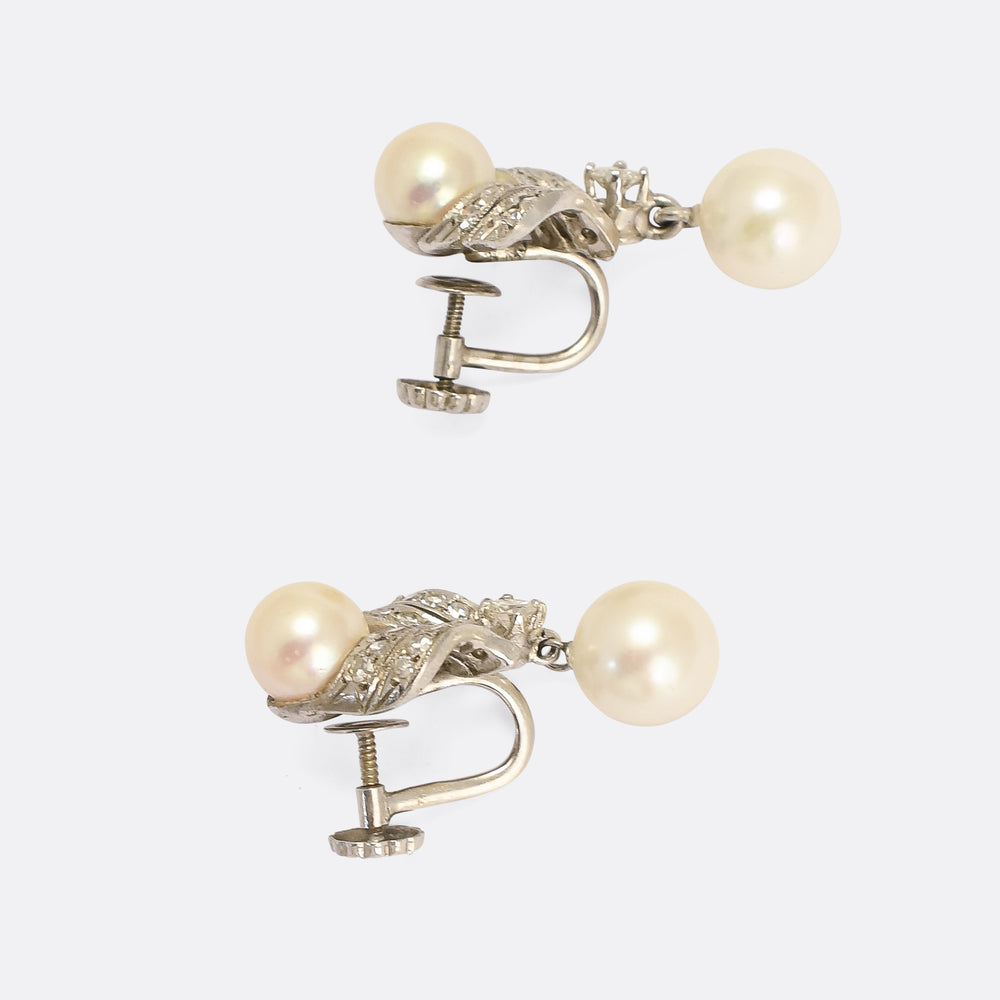Art Deco Pearl & Diamond Screwback Earrings