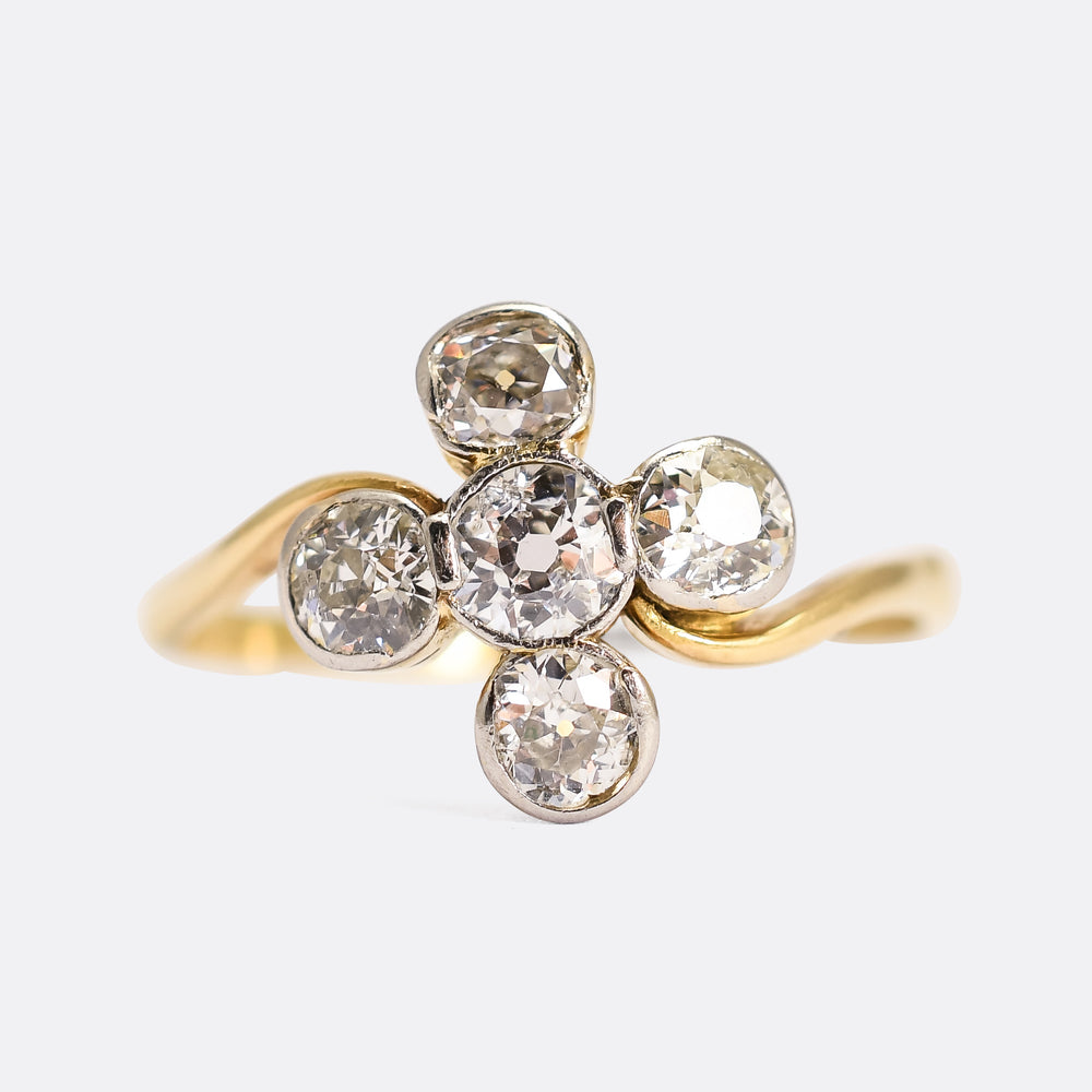 Art Nouveau 5-Stone Old Cut Diamond Compass Points Ring