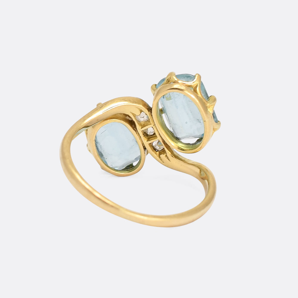 Art Nouveau Aquamarine & Diamond 'Toi Et Moi' Crossover Ring