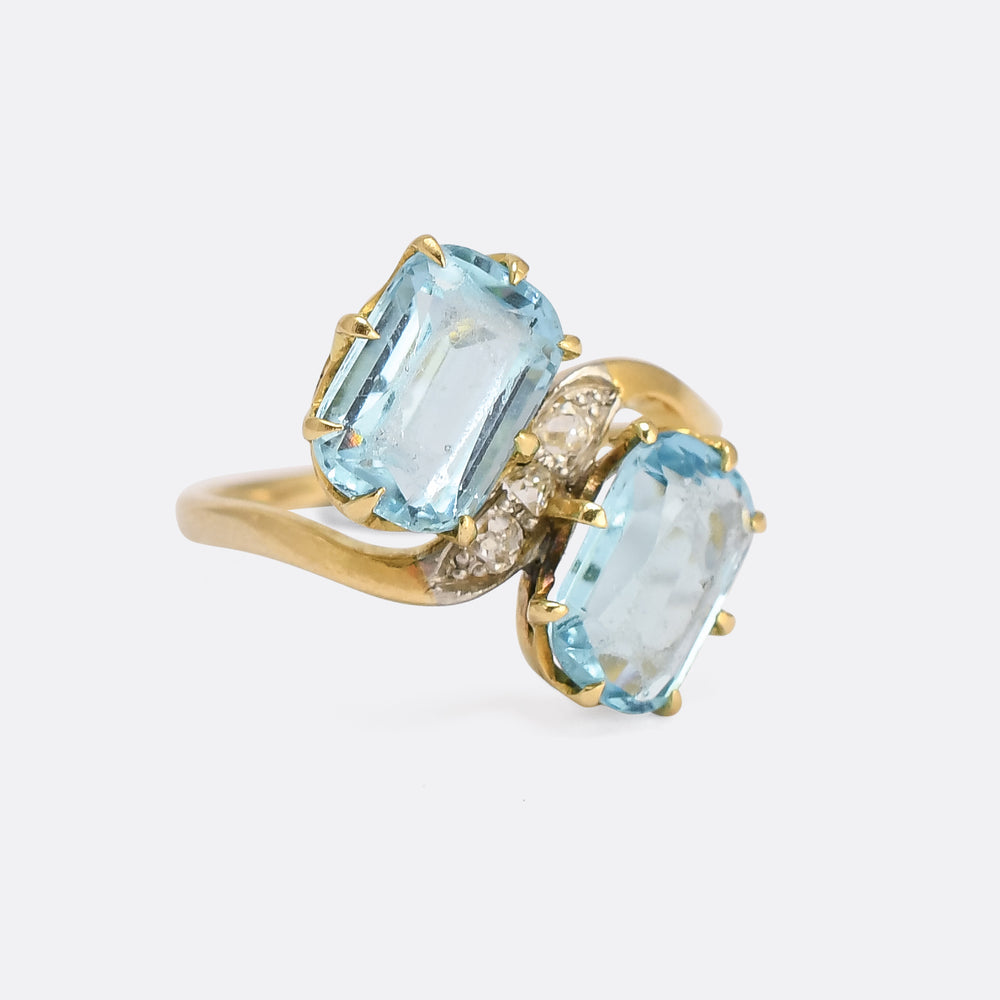 Art Nouveau Aquamarine & Diamond 'Toi Et Moi' Crossover Ring
