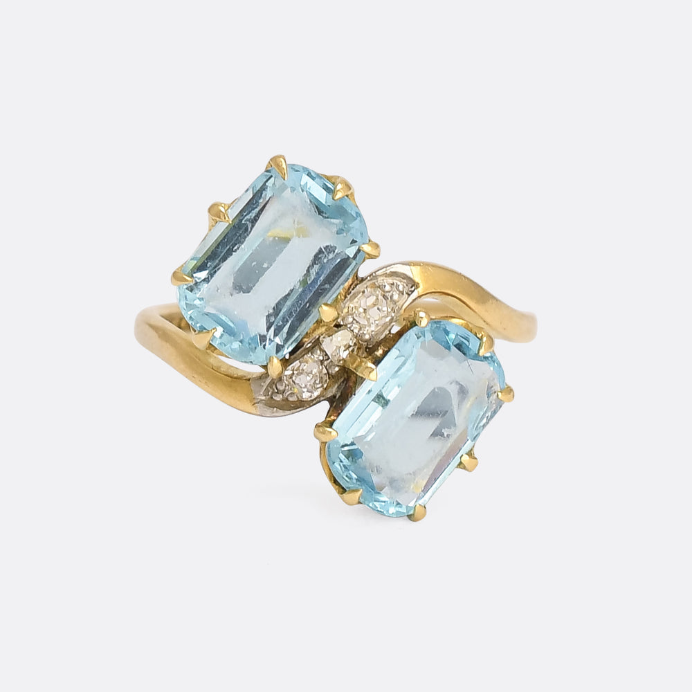 Art Nouveau Aquamarine & Diamond 'Toi Et Moi' Crossover Ring