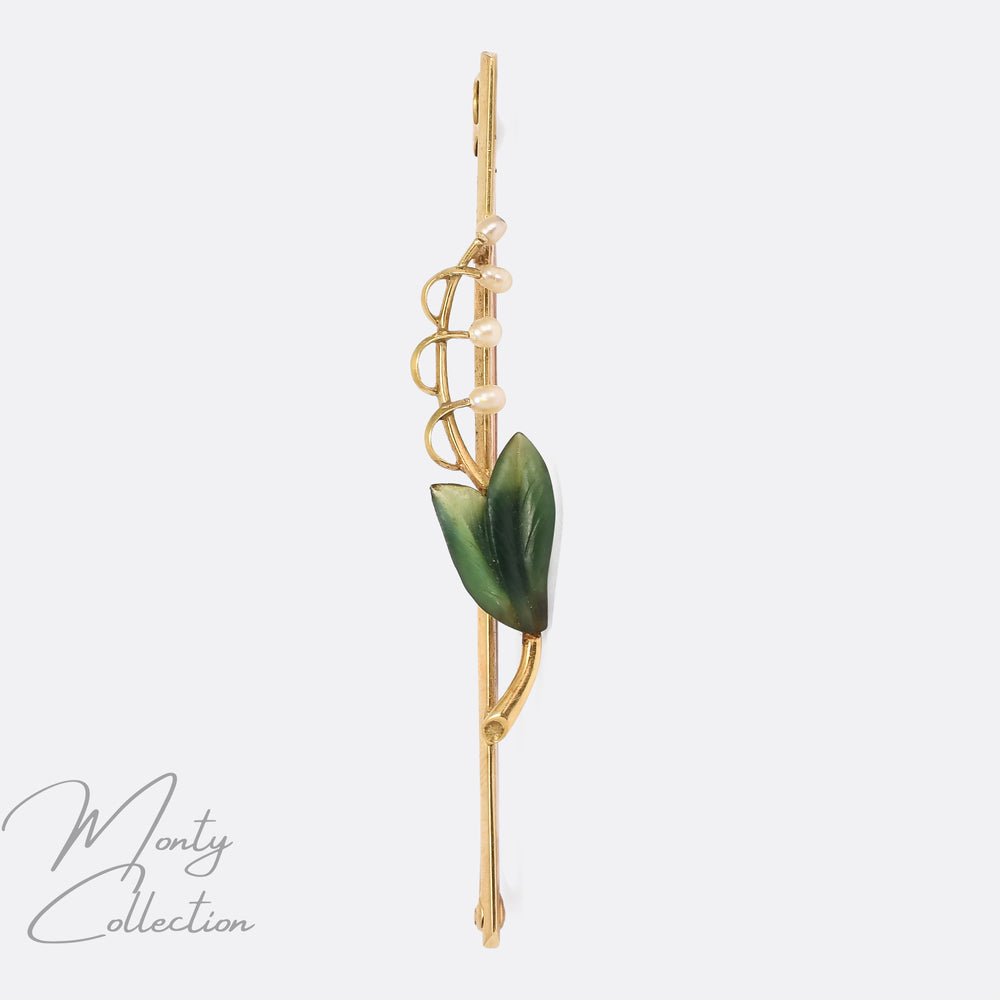 Art Nouveau Pearl & Jade Lily of the Valley Brooch
