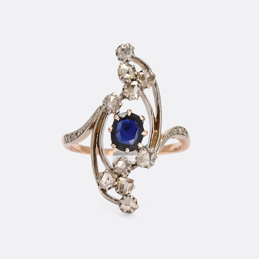 Art Nouveau Sapphire & Diamond Floral Spray Ring