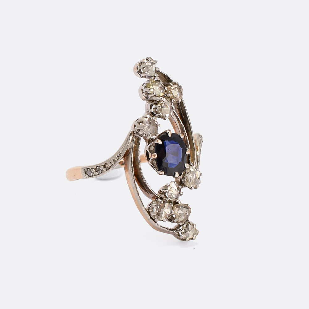 Art Nouveau Sapphire & Diamond Floral Spray Ring