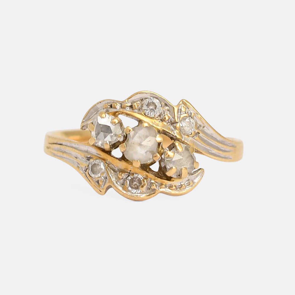 Art Nouveau Three-Stone Diamond Foliate Crossover Ring