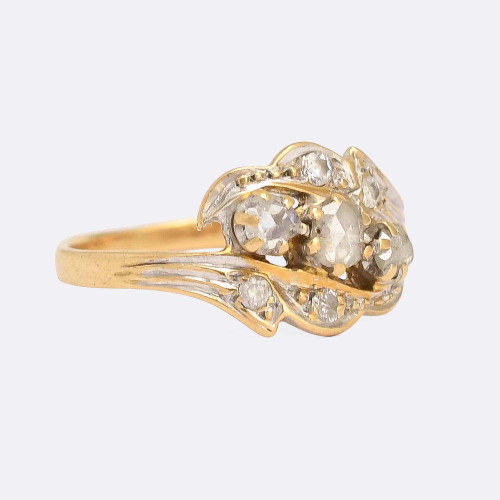 Art Nouveau Three-Stone Diamond Foliate Crossover Ring