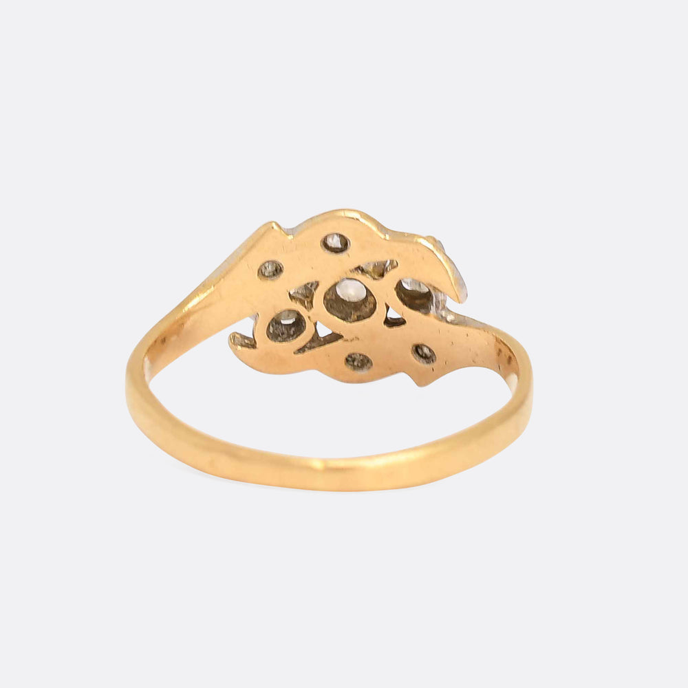 Art Nouveau Three-Stone Diamond Foliate Crossover Ring