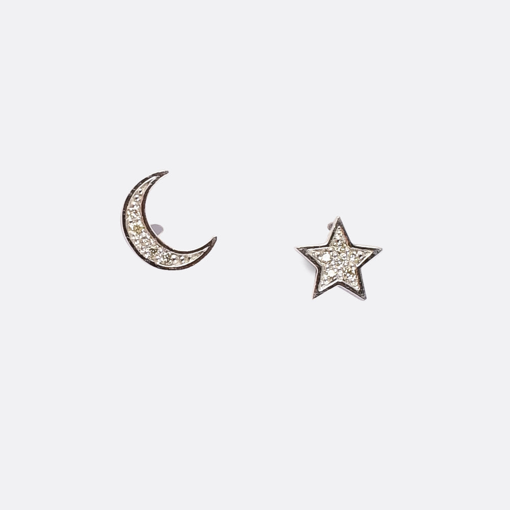 Contemporary Diamond Moon & Star Earrings