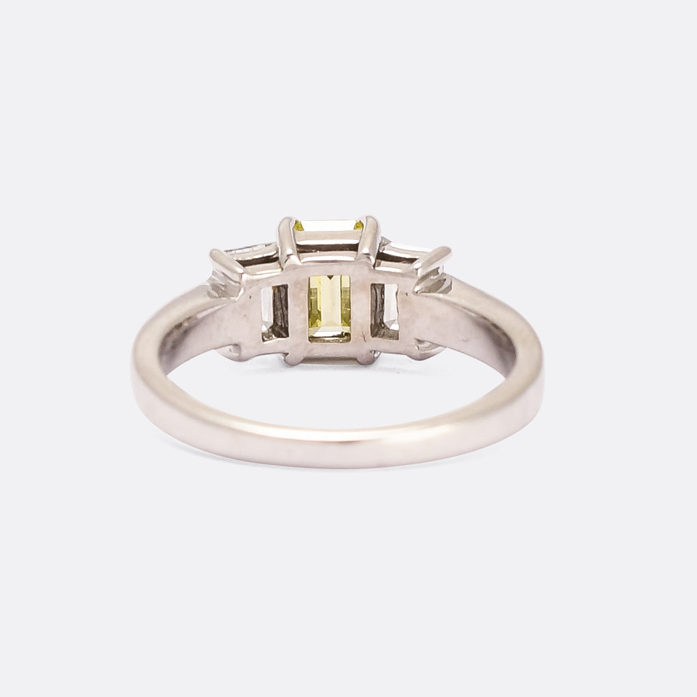 Contemporary Fancy Vivid Yellow Emerald Cut Diamond Trilogy Ring