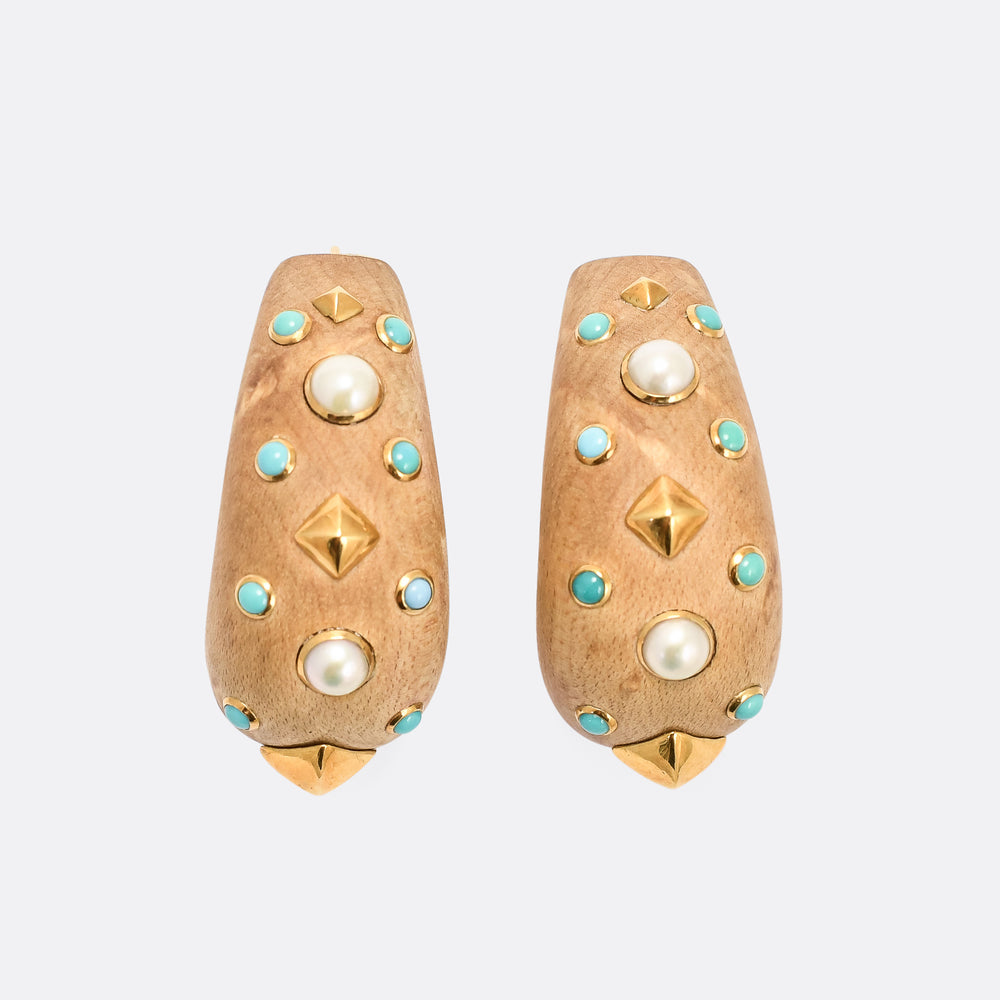 Contemporary Turquoise Pearl & Wood Earrings