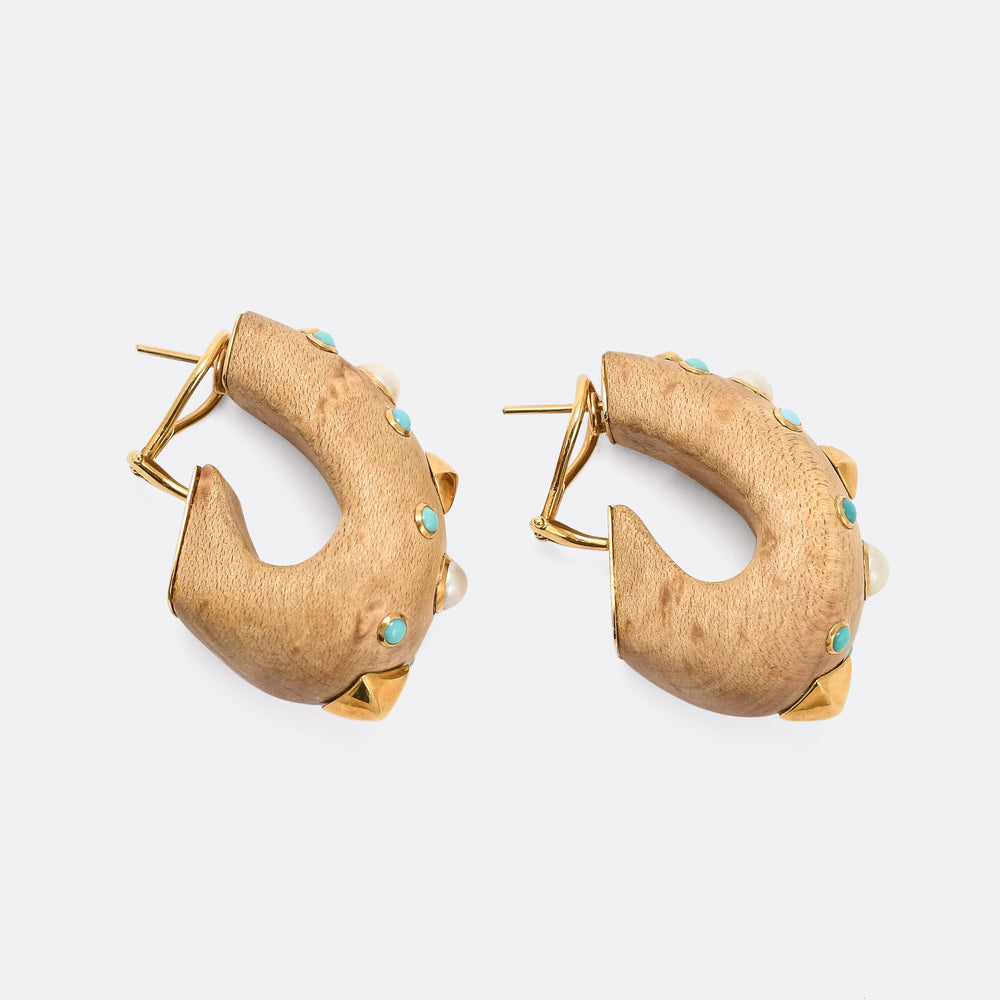 Contemporary Turquoise Pearl & Wood Earrings