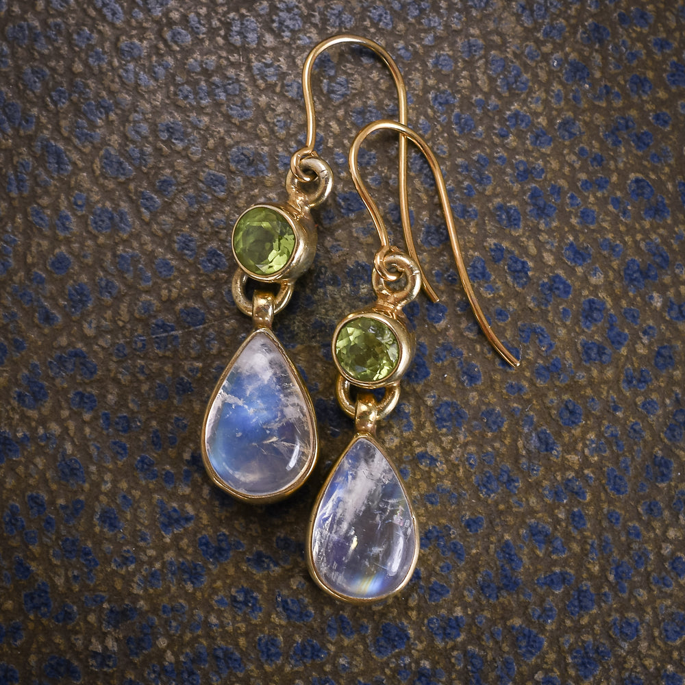 Edwardian Rainbow Moonstone and Peridot Earrings