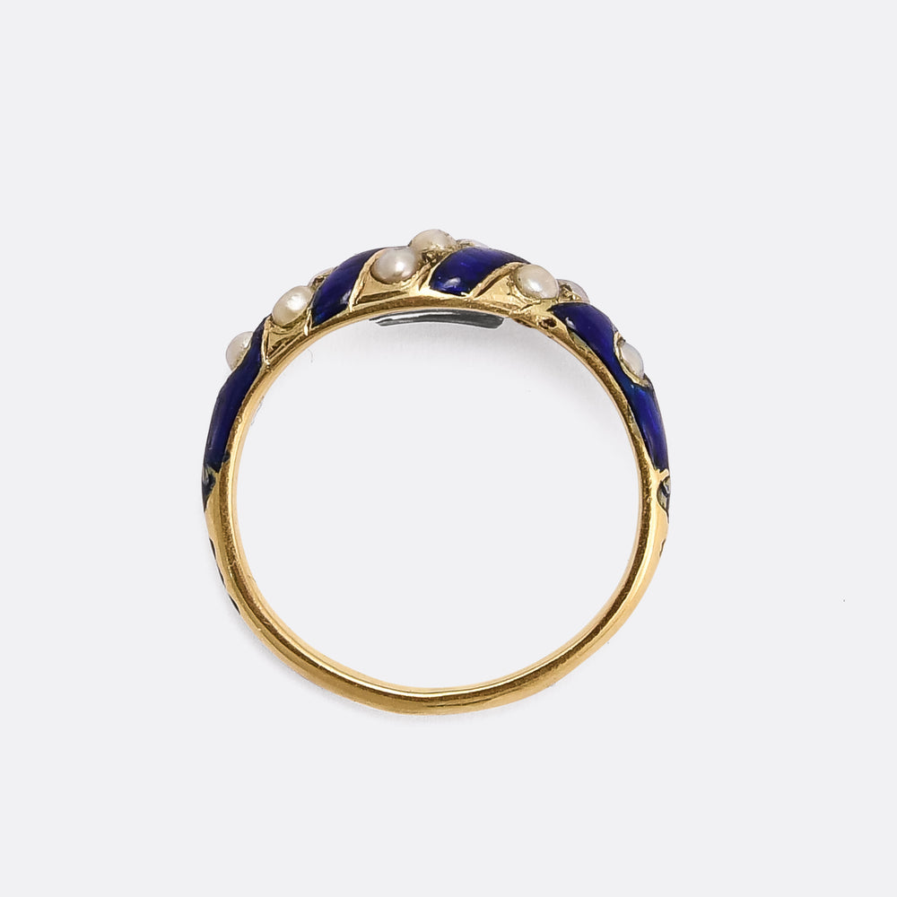 Early Victorian Blue Enamel & Pearl Locket Ring