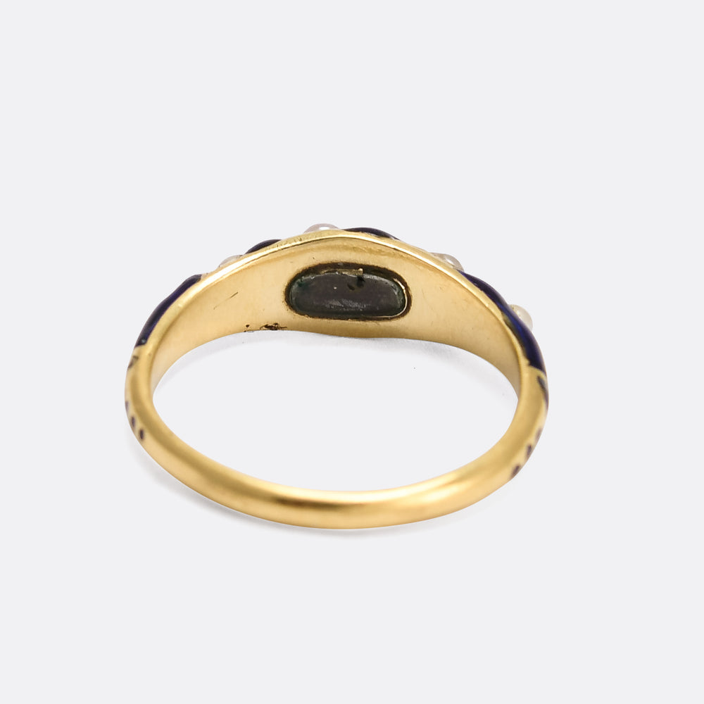 Early Victorian Blue Enamel & Pearl Locket Ring