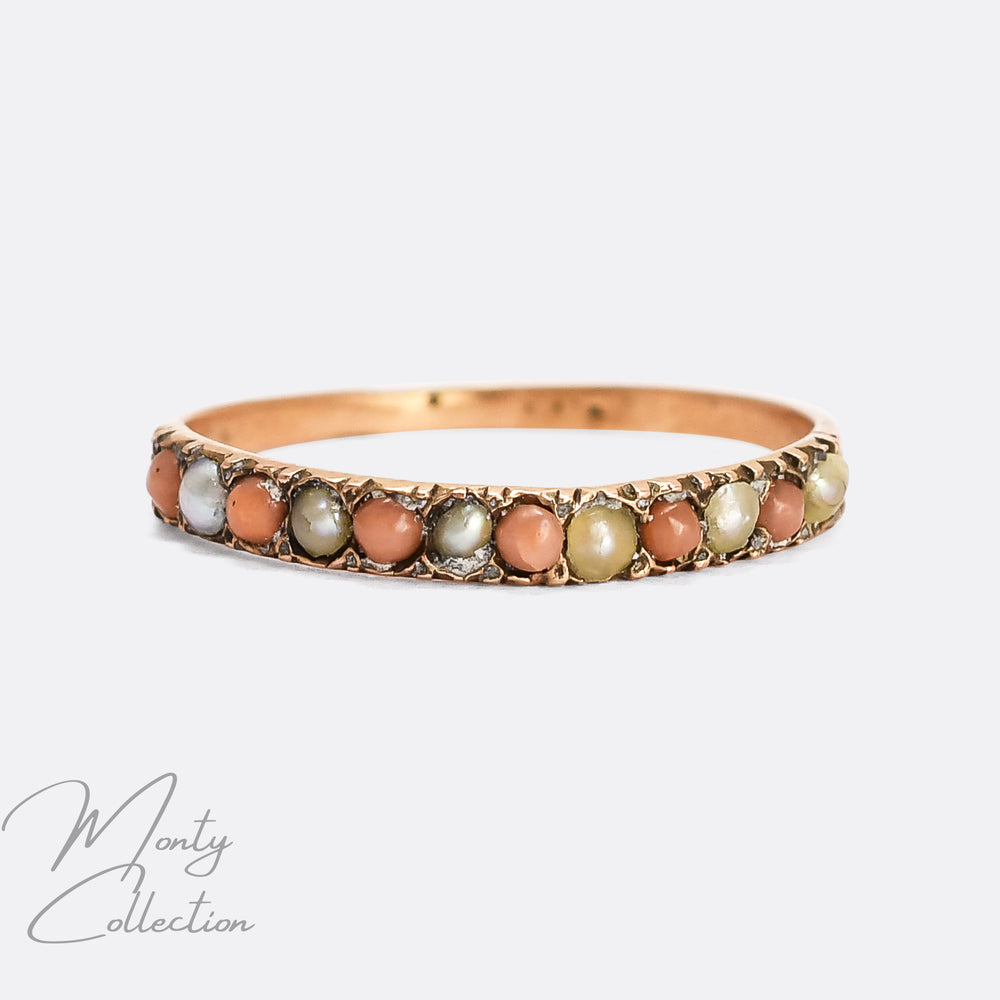 Early Victorian Coral & Pearl Half-Hoop Ring