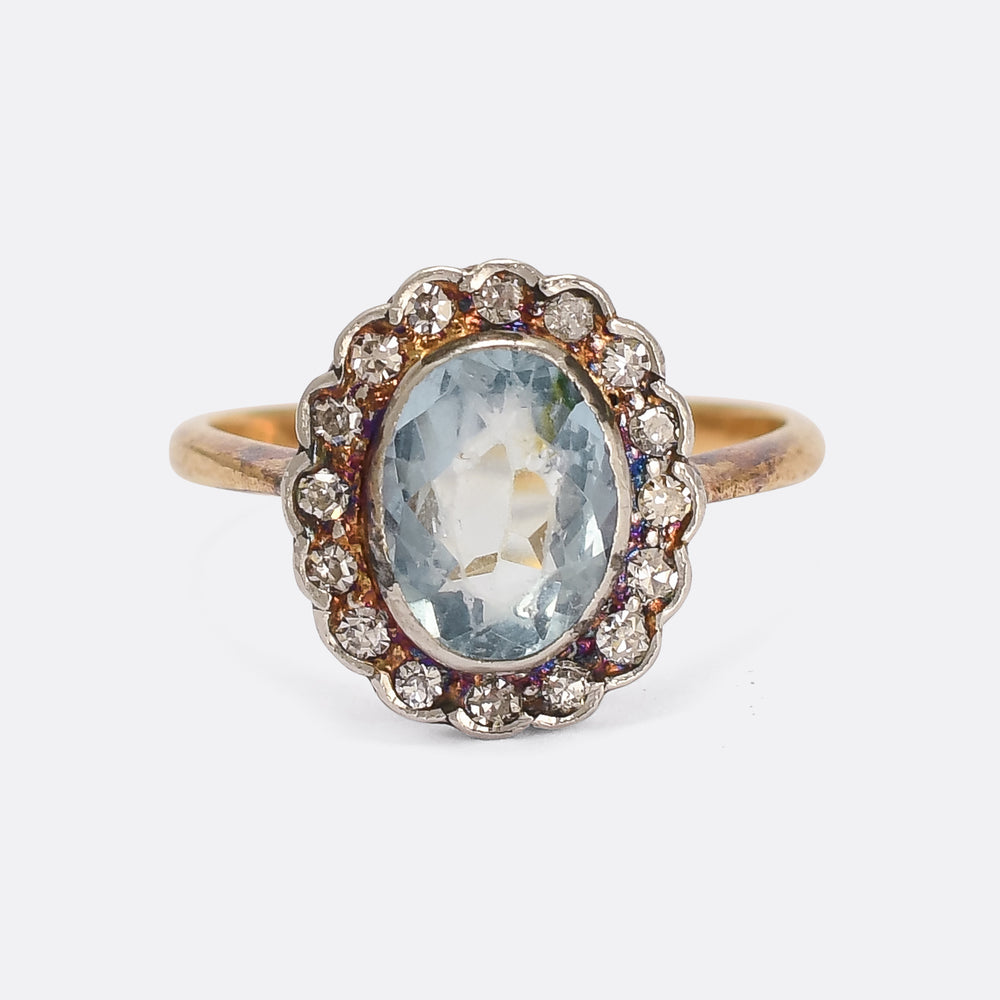 Edwardian Aquamarine & Diamond Flower Cluster Ring