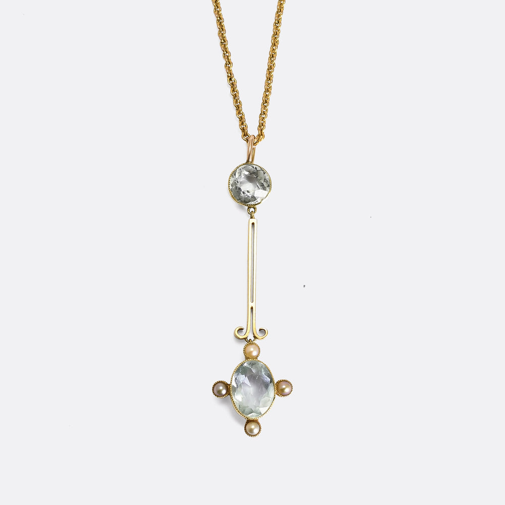 Edwardian Aquamarine & Pearl Bar Pendant