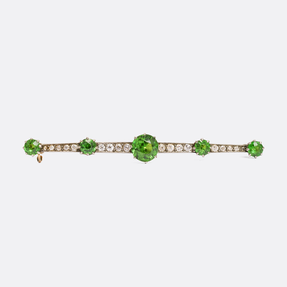 Edwardian Demantoid Garnet & Diamond Bar Brooch