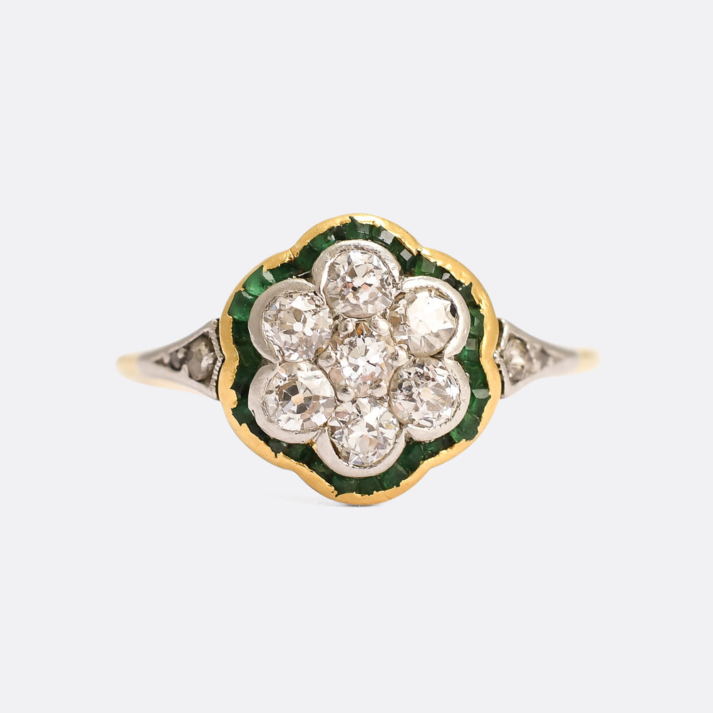 Edwardian Diamond & Emerald Flower Cluster Ring
