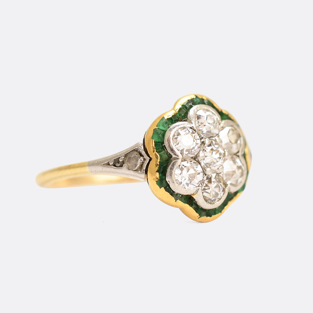 Edwardian Diamond & Emerald Flower Cluster Ring