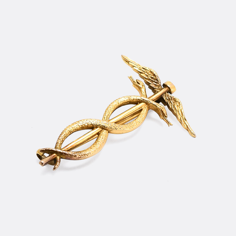 Edwardian Gold Caduceus Brooch