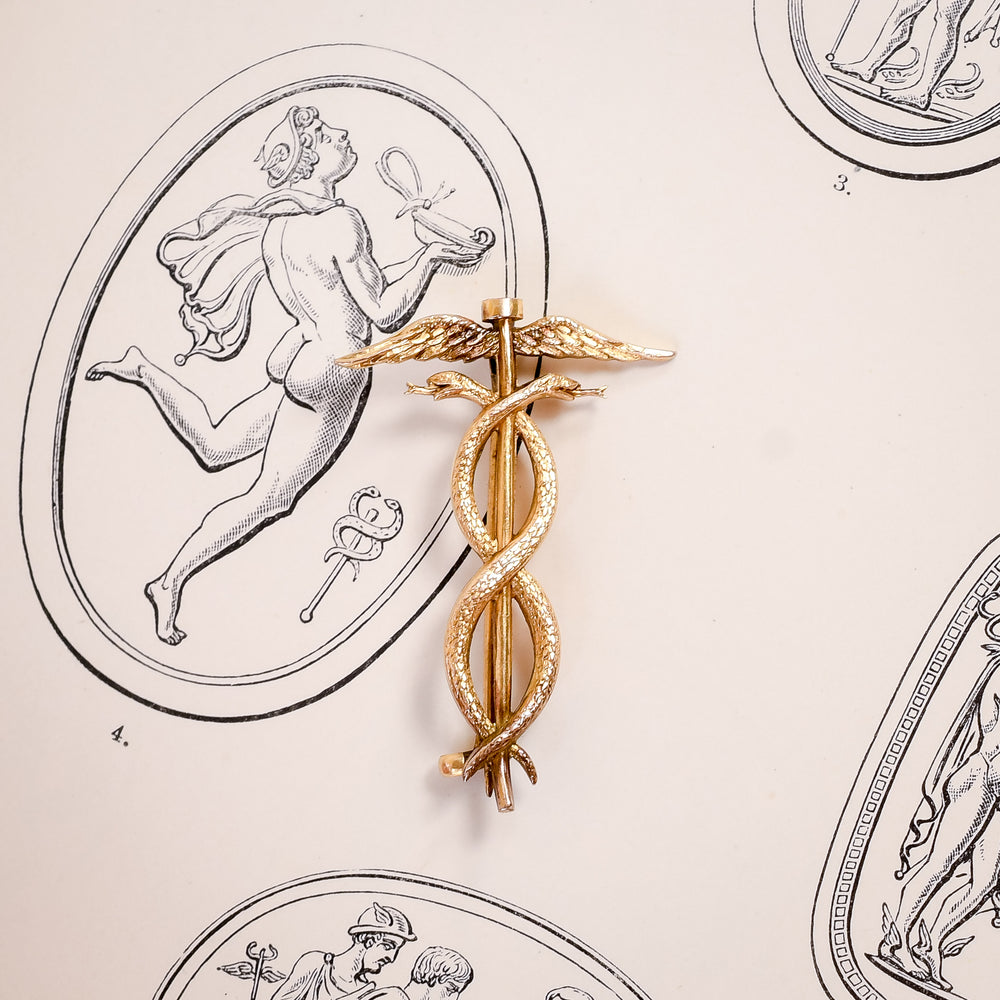 Edwardian Gold Caduceus Brooch