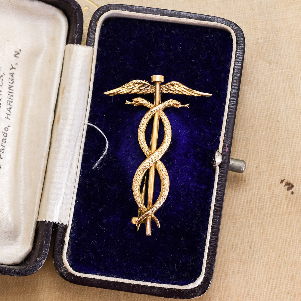Edwardian Gold Caduceus Brooch