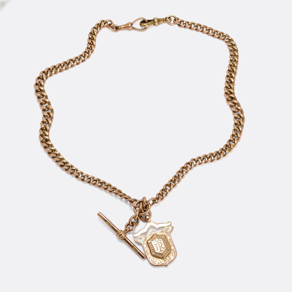 Edwardian Gold Double Albert Necklace With T-Bar and Shield