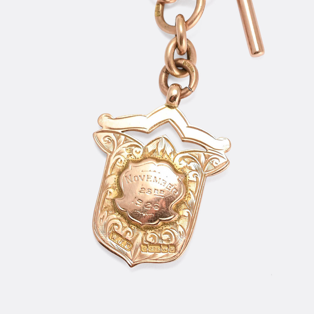 Edwardian Gold Double Albert Necklace With T-Bar and Shield