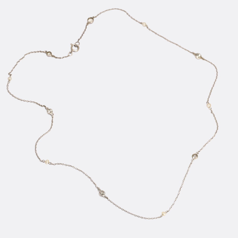 Edwardian Platinum Pearl & Diamond Chain Necklace