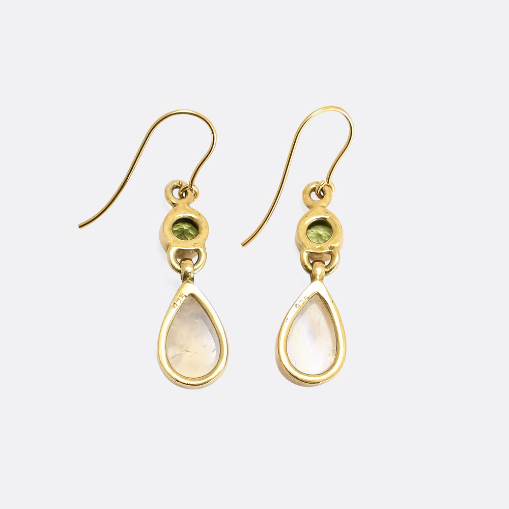 Edwardian Rainbow Moonstone and Peridot Earrings
